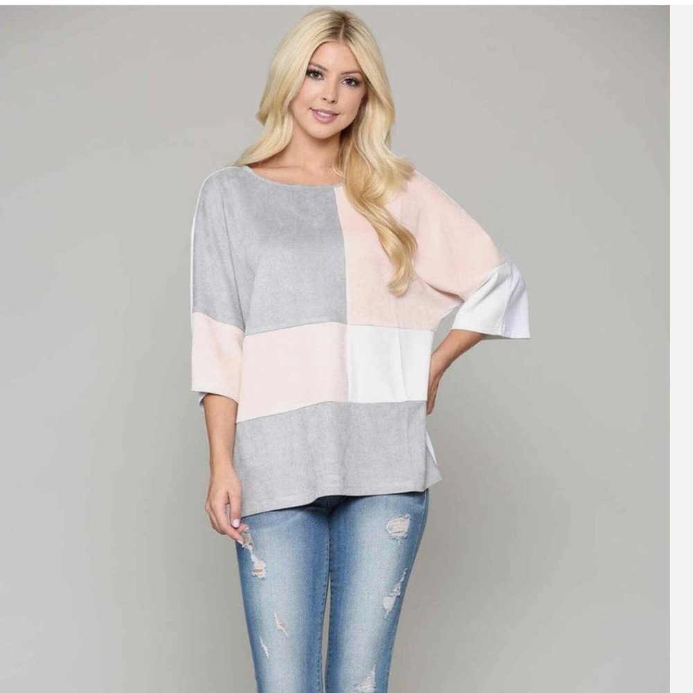 Joh Abigail Short Sleeve Grey Pink White Faux Suede Colorblock Top Size Small/XS